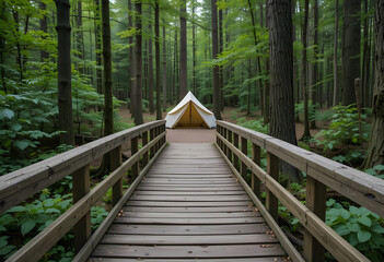 Wooden bridge leading to a tent nestled in the forest among tall green trees