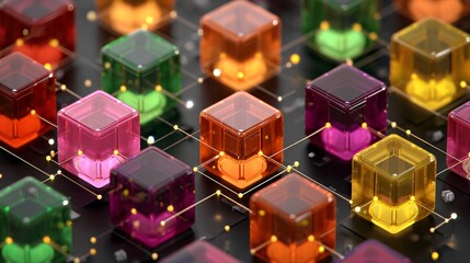 A network of colorful translucent cubes glows with small lights, interconnected by thin lines on a dark surface to represent data or technology concept.