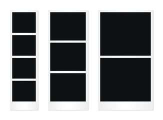 Vertical strip collage layout of multiple blank instant photo frames with white border and shadow for retro photography mockup memory preservation design scrapbook or vintage album display template
