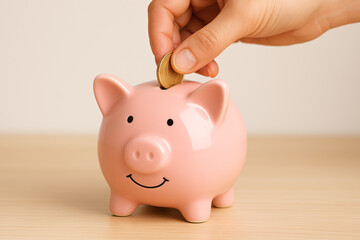 Inserting Coin into a Cute Piggy Bank