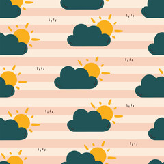 seamless pattern cute cartoon blue clouds and sun. cute sky element drawing for background and wallpaper