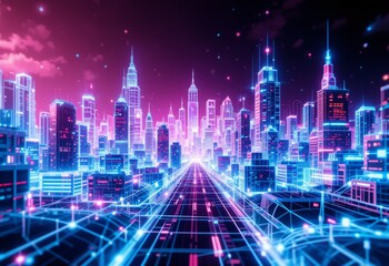 Obraz premium A wireframe cityscape transforming into a vibrant Metaverse.