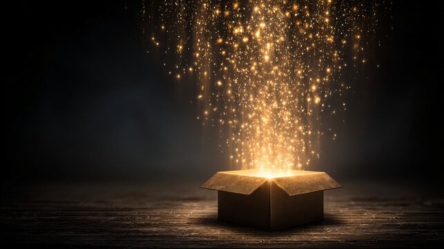 Golden sparkling lights magically emerge from an open cardboard box resting on a dark wooden surface creating an enchanting scene full of surprise and wonder.