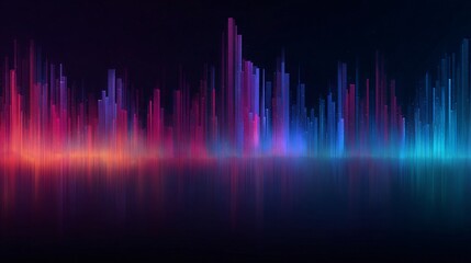Abstract digital landscape features vibrant glowing lines of blue, purple, and red reflecting off a dark glossy surface creating a sleek modern design.