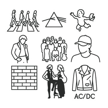 Iconic Album Covers. Outline icon set of iconic album covers: Abbey Road zebra crossing, Dark Side prism, Nevermind baby, Thriller