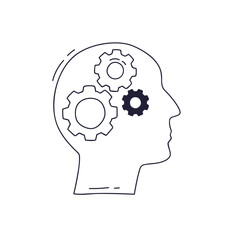 Silhouette of a head with interlocking cogs symbolizing thought processes and problem-solving.