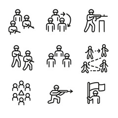 Infantry Tactics Icons. Outline icon set of infantry tactics: squad formation, flanking maneuver, cover fire, assault team,