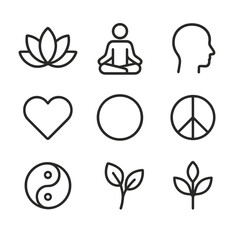 Inner Harmony Icons. Outline icon set of inner harmony: lotus, meditation, calm, heart, circle, peace, mindfulness, yin-yang,