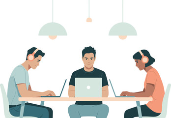 Team of diverse young professionals working on laptops, collaborating in modern office, focused on productivity, teamwork, remote work culture, headphones