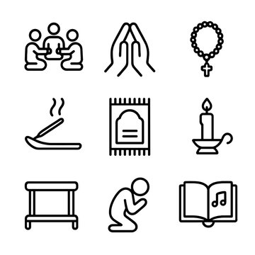 Joint Prayer Icons. Outline icon set of joint prayer gathering: prayer circle, joined hands, rosary bead, prayer mat, incense