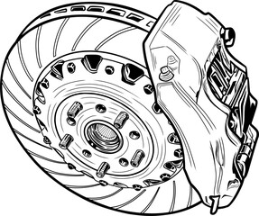 Technical vector icon of a performance disc brake system. Perfect for auto parts, racing, or engineering-related projects.