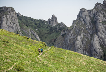 Carpathian mountain landscape with hiking road towards high cliffs 