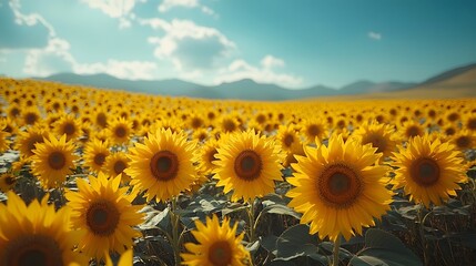 Obraz premium A breathtaking sunflower field under a clear blue sky