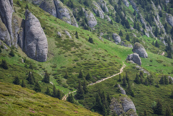 Carpathian mountain landscape with hiking road towards high cliffs 
