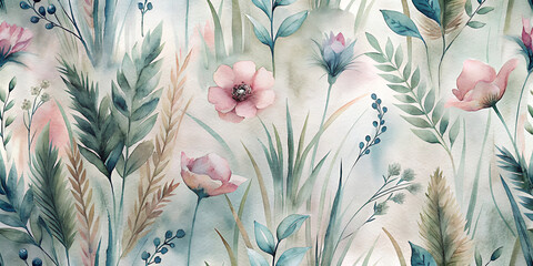 tiny florals and grass blades in subtle watercolor