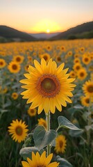 Fototapeta premium Golden sunset over a vibrant sunflower field