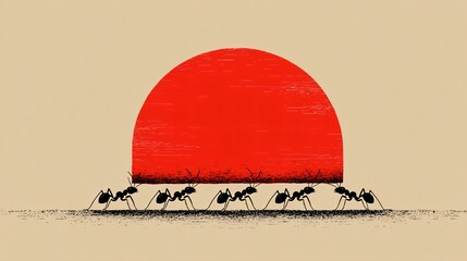 A team of ants are working together to lift a large red rock, showcasing teamwork, cooperation, and the power of collective effort in this creative illustration.