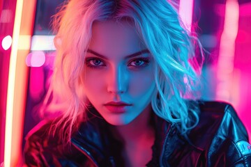 Fototapeta premium Close-up cyberpunk portrait of a blonde woman in neon pink and blue light wearing a black jacket, ideal for sci-fi character art, futuristic design, and digital media concepts