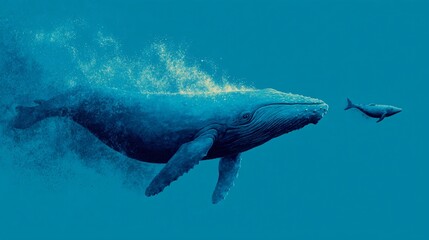 Fototapeta premium A majestic blue whale swims gracefully through the deep blue ocean waters, while a smaller whale follows behind in this captivating underwater scene, artistically rendered.