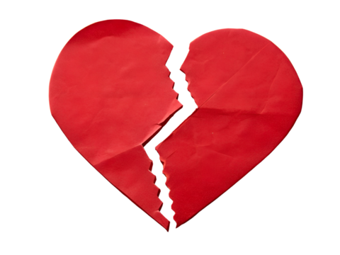 Broken Red Paper Heart Isolated on transparent background, Isolated Png file, Cut-out, Isolate Png, No Background, Isolated object