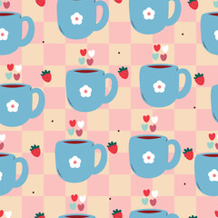 seamless pattern cute cartoon blue cup with hearts. cute drawing for beverage pattern and wallpaper