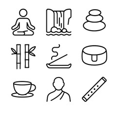 Naklejka na ściany i meble Meditation Icon Set. Outline icon set of waterfall meditation retreat: lotus pose, waterfall, zen stones, bamboo, incense,