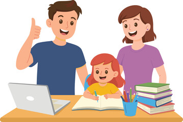 Happy family helping child with homework at desk, learning together, home education, school support, study time, parenting concept cartoon.