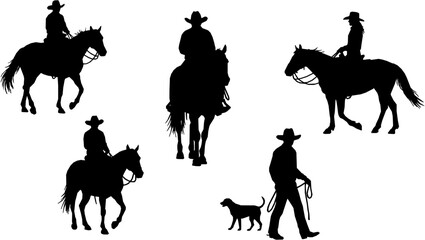 A vector silhouette three cowboys and one cowgirl riding horses and one cowboy is walking and leading a horse. There are also two cow dog silhouettes.
