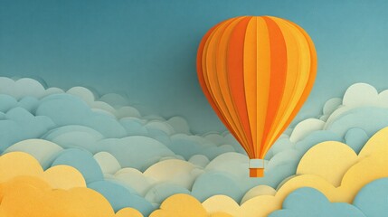 Obraz premium A vibrant orange hot air balloon ascends gracefully over a whical landscape of fluffy blue and yellow paper clouds against a soft azure sky background.