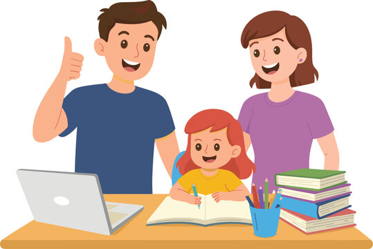 Happy family helping child with homework at desk, learning together, home education, school support, study time, parenting concept cartoon.