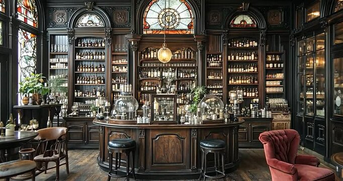 Interior shot of a vintage store with shelves filled with bottles and glass containers. The antique interior is elegant and luxurious. The store is filled with a variety of vintage items and
