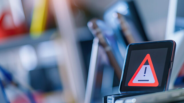 Close-up of smartphone screen displaying red warning alert symbol, tech devices in background, concept of product recall, safety warning and technology risk management.