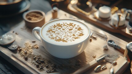 Artistic Latte Art: Intricate floral latte art adorns a creamy cappuccino in a white cup, set against a rustic wooden tray with coffee bean and coffee machine parts.