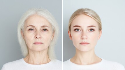 Aging gracefully: A split portrait of a woman, one side showcasing the natural beauty of maturity with wrinkles, the other side featuring a vibrant young woman.