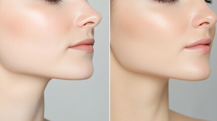 Before & After Jawline Enhancement: A side-by-side comparison showcasing a woman's jawline before and after a cosmetic enhancement procedure. The images highlight a more defined and sculpted jawline.