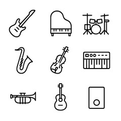 Obraz premium Musical Instrument Icons. Outline icon set of musical instruments: electric guitar, grand piano, drum kit, saxophone, violin,