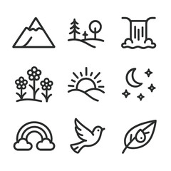 Fototapeta premium Nature Bliss Icons. Outline icon set of bliss in nature: mountain peak, forest clearing, waterfall pool, meadow of flowers,