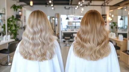 Hair transformation: Stunning portraits showcasing long, wavy blonde and auburn hair, reflecting the expertise of a stylist. The scene captures the artistry of hair transformation.