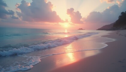 Serene sunset over calm ocean waves at beach coastline