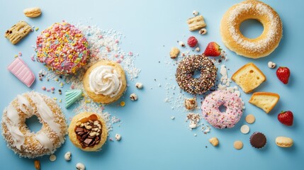 Sweet Delights: A mouthwatering collection of donuts and pastries artfully arranged, enticing the viewer with colorful frostings, sprinkles, and delectable treats. 