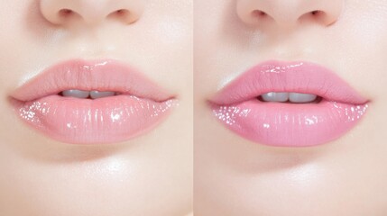 Glossy Lips in Focus: An up-close study on two pairs of luscious, gloss-adorned lips, exhibiting a radiant, healthy, and captivating appearance.