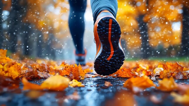 Runner's perspective: Jogging on a path covered with colorful autumn leaves