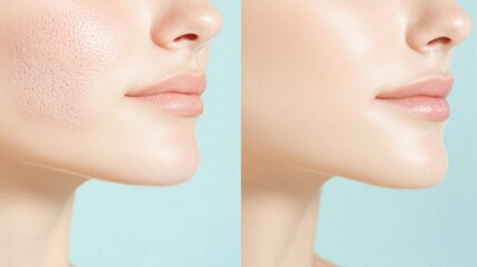 Skincare Transformation: A side-by-side comparison showcases the remarkable effects of skincare, with a before-and-after view of enhanced skin texture, highlighting a journey to radiance and health.