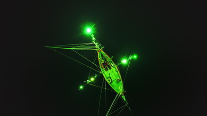 Green lights from a squid fishing boat create a mesmerizing spectacle in the dark waters near Koh Phangan, Thailand, offering a unique perspective on traditional fishing practices