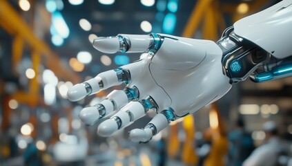 Close-up of a white and blue robot hand reaching out to touch