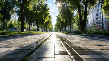 Urban Pathway: A tranquil cityscape scene unfolds along a brick-paved pathway lined by towering trees, creating a sun-dappled, serene avenue for contemplation and exploration.