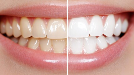 Smiling Transformation: A striking split-screen comparison showcases the before-and-after of teeth whitening, revealing a radiant and confident smile after treatment.