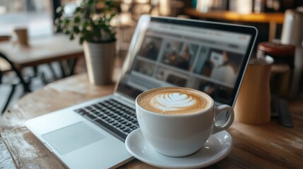 Coffee and Laptop Serenity: A beautifully crafted cappuccino with intricate latte art sits gracefully beside an open laptop on a rustic wooden table, with a potted plant in the background.