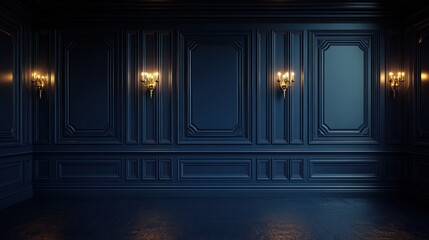 Dark, elegant room with ornate panelling and sconces