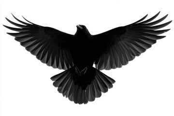 a black bird flying in the air with its wings spread
